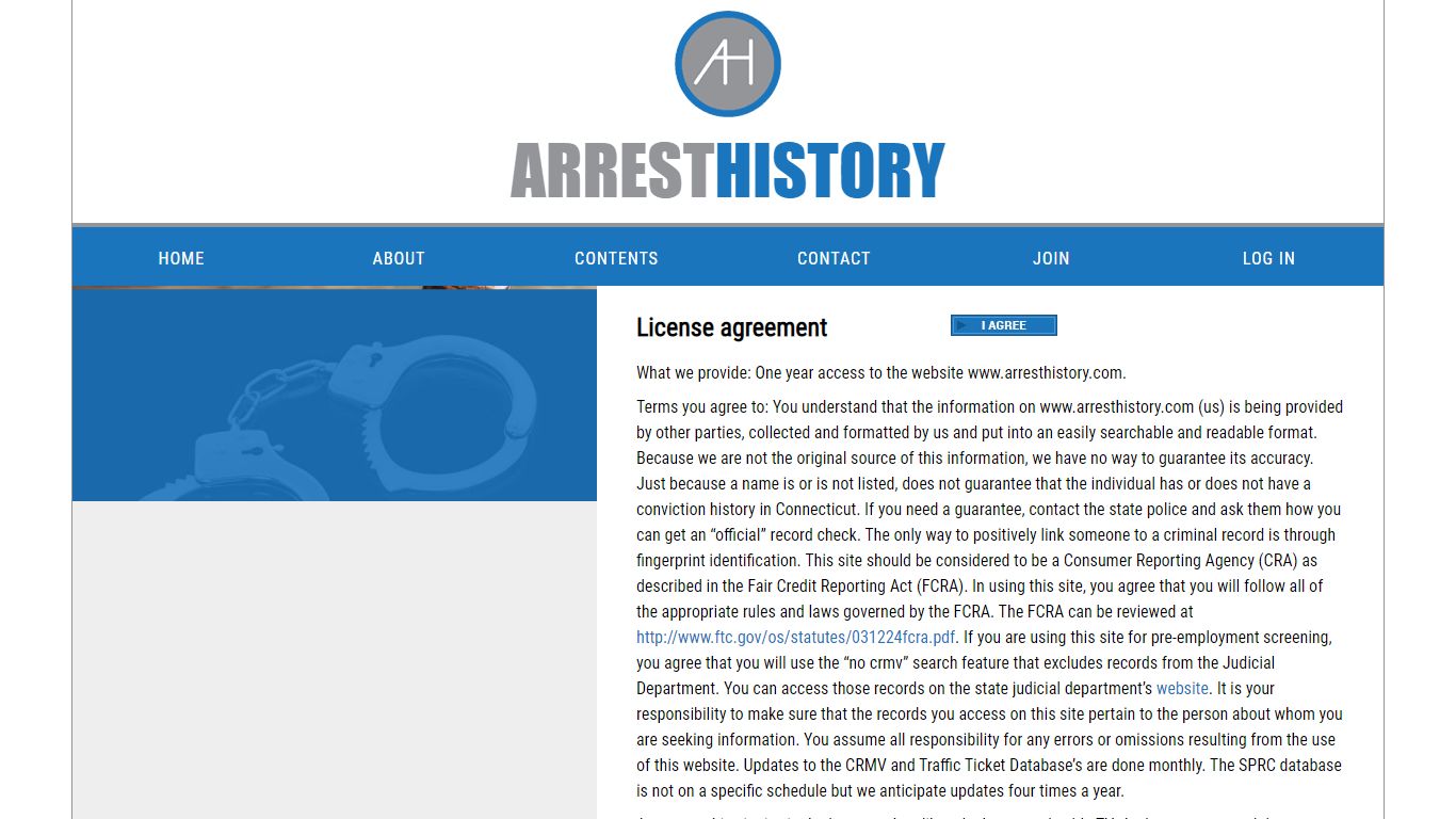 License agreement - Arrest History